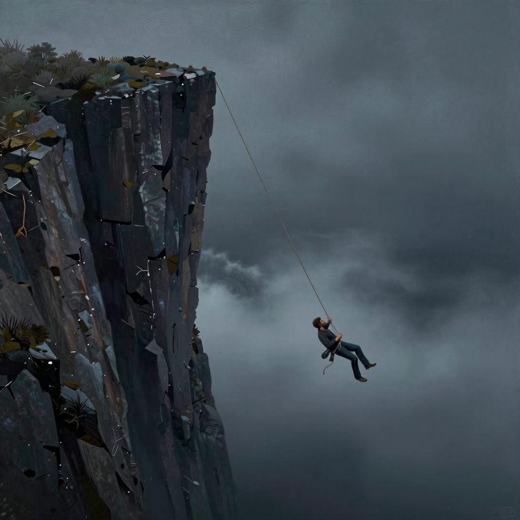 A solitary figure rappelling into a misty valley, symbolizing controlled descent.
