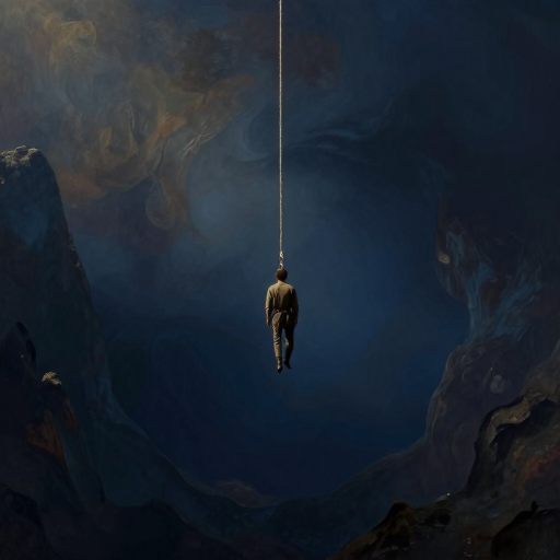 A solitary figure descends into deep mist, anchored by a glowing rope.