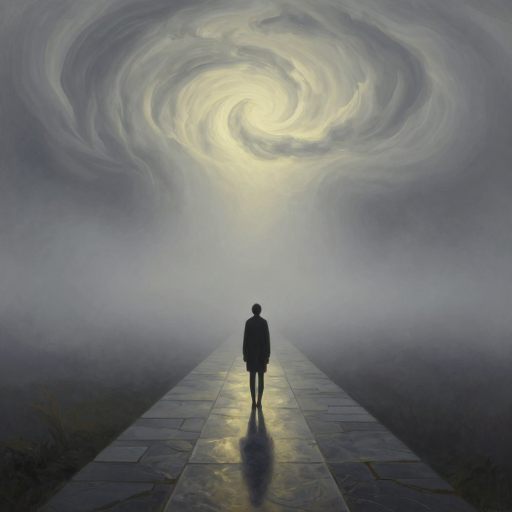 A lone figure stands at a vast, misty threshold, symbolizing emotional incompleteness.