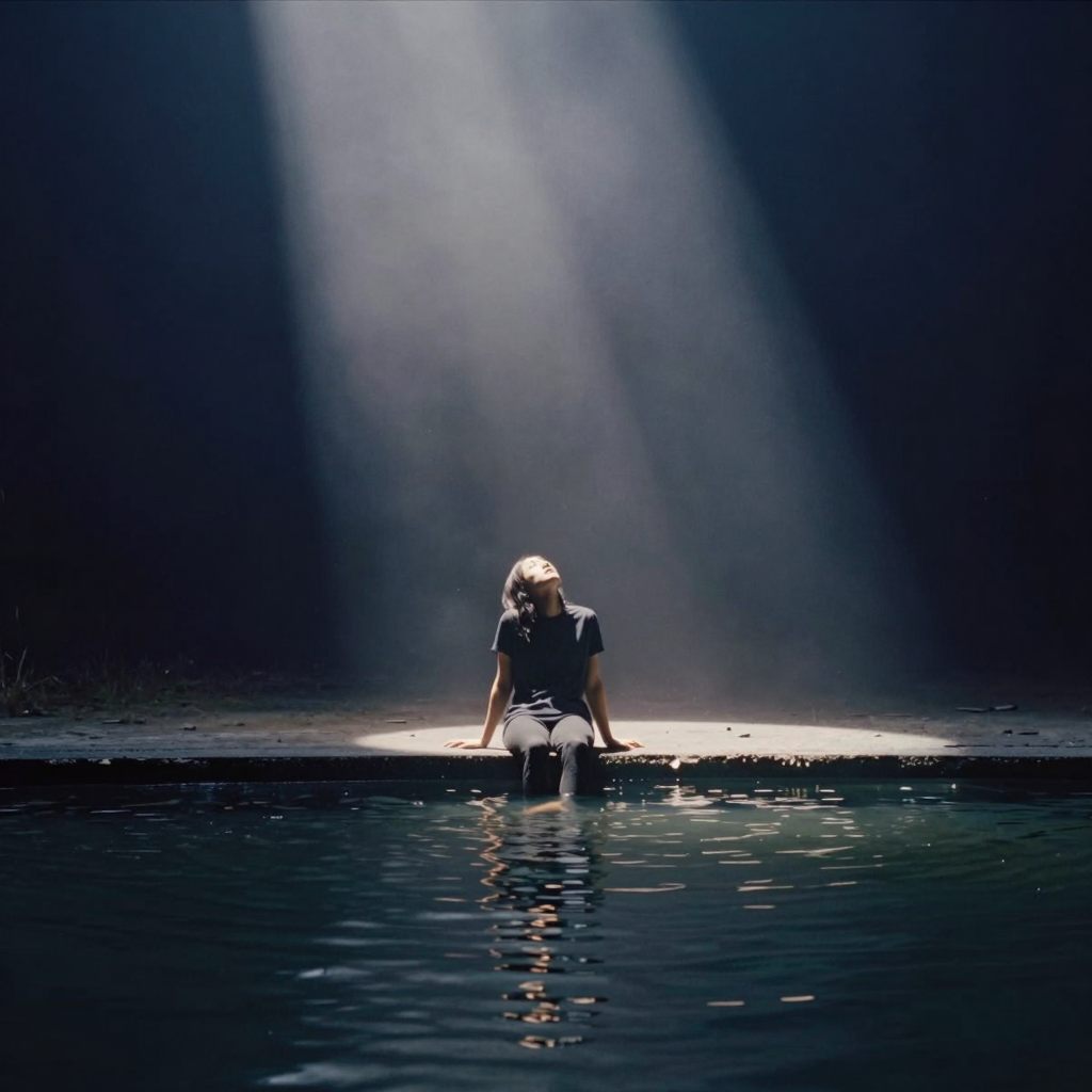 A figure suspended in a quiet, liminal space, representing mental disconnection.