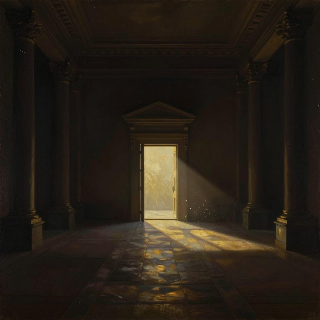 A grand, empty passage symbolizing sudden absence.