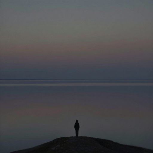 A solitary figure facing a vast, reflective body of water at twilight, symbolizing emotional absence.
