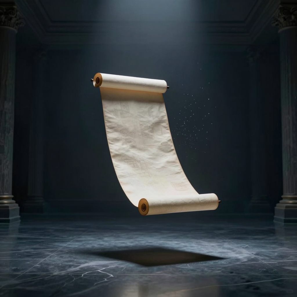 A lone, fragile paper scroll drifts through a vast, silent space, symbolizing a critical decision left unaddressed.