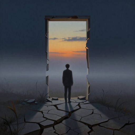 A solitary figure stands at the edge of a vast, quiet threshold, symbolizing an internal void.