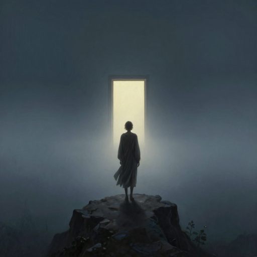 A solitary figure stands at the edge of a vast, misty expanse, unable to reach a warmly lit, distant threshold.