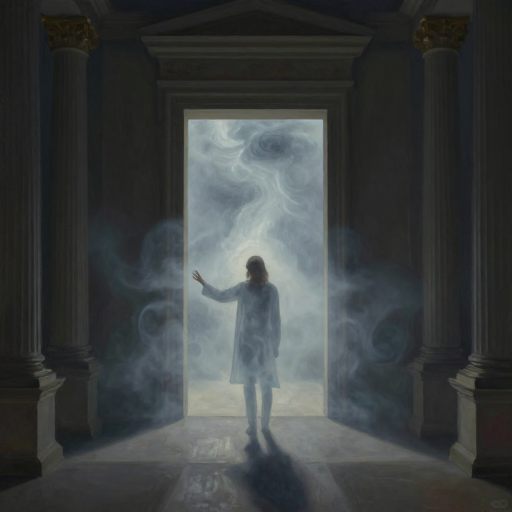 A solitary figure dissolving into mist in a grand, empty hall.