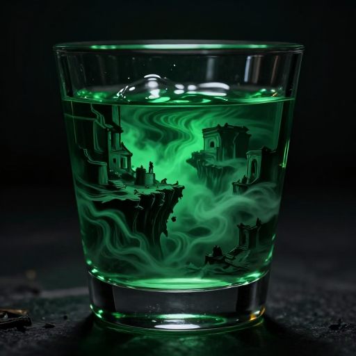 A swirling vortex of green liquid in a crystal glass, mirroring a descent into a subconscious landscape.
