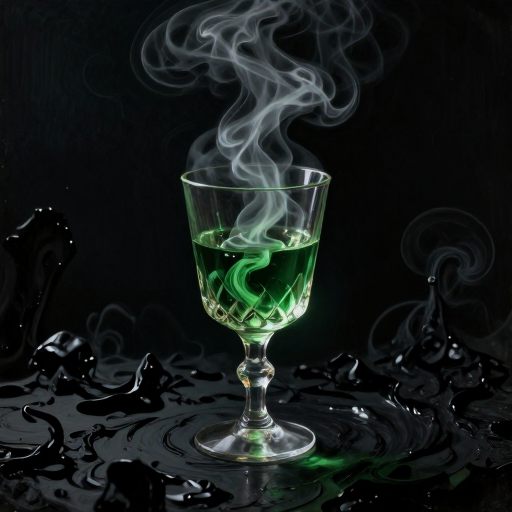 A swirling glass of absinthe on a dark surface, reflecting a chaotic, luminous mist.