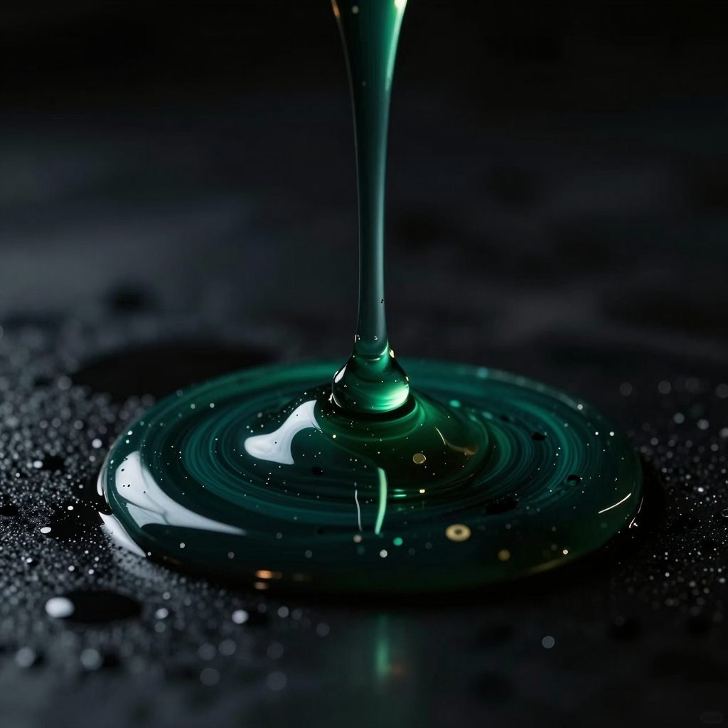Viscous, emerald-tinged oil pooling in deep shadow.