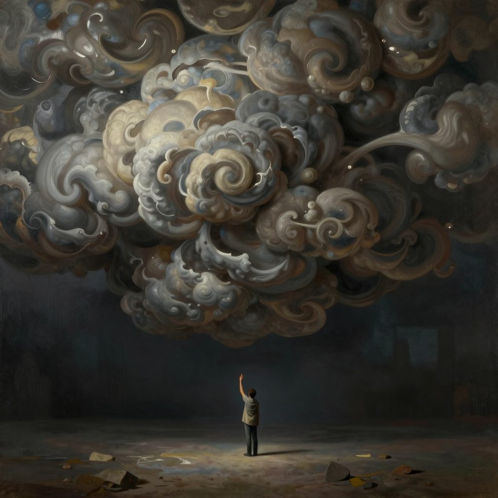 A lone figure beneath an immense, low ceiling, symbolizing psychological pressure.