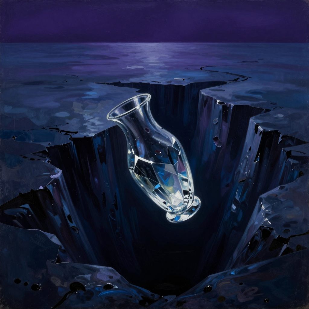 A single, small vessel drifting into an abyss.