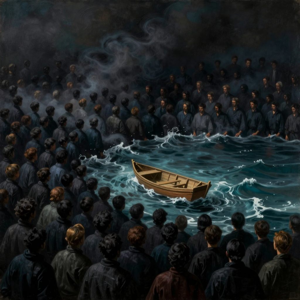 A single small boat against a vast, surging sea of identical bodies.