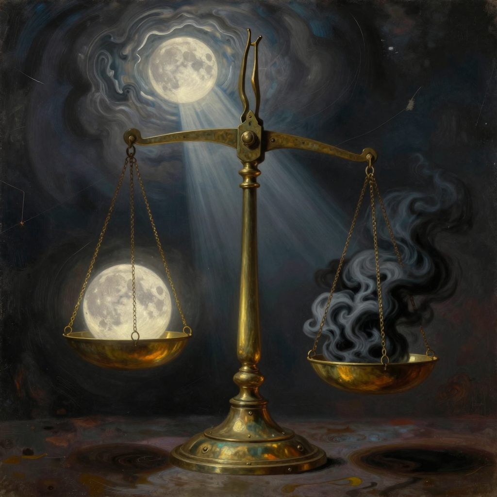 A colossal, ancient brass scale suspended in a nebulous void, perfectly balanced.