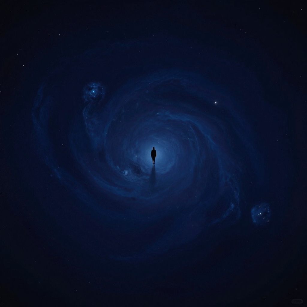 A solitary figure suspended in the infinite quiet of deep cosmic space.