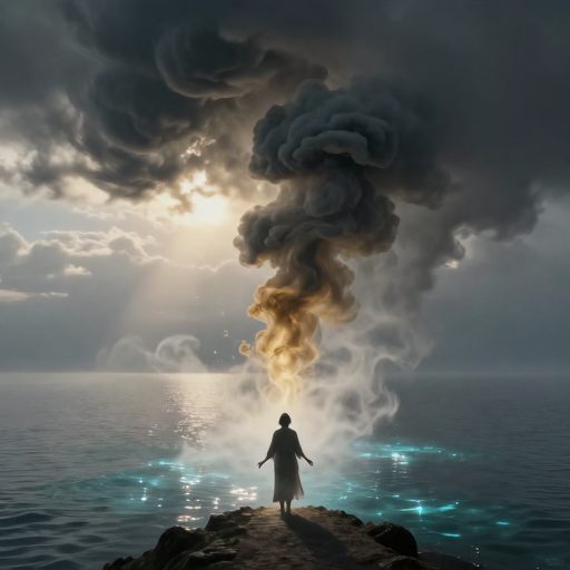 A solitary figure stands amidst swirling, luminous mist, shedding heavy shadows into a pool of absolute clarity.