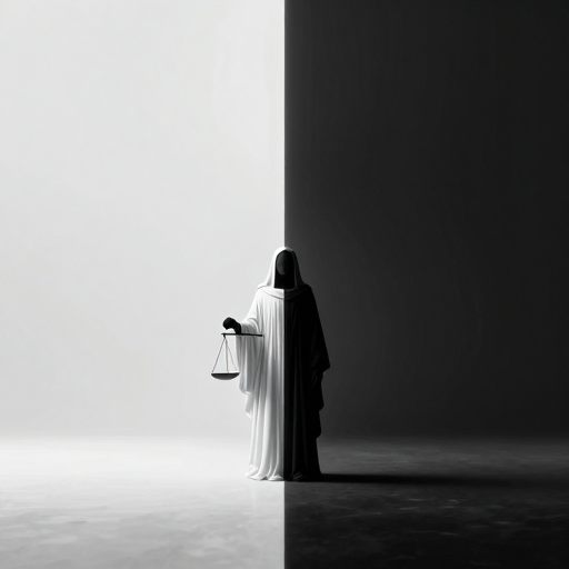 A solitary figure embodying unwavering judgment against a stark backdrop.