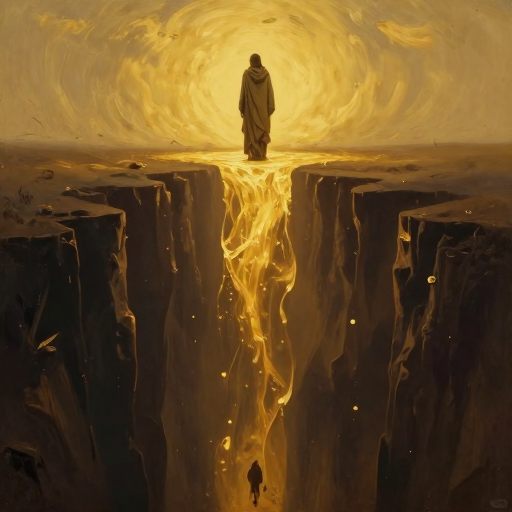 A solitary figure stands at the edge of a luminous chasm, shedding burdens into a pool of golden light.
