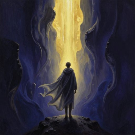 A figure stepping through a threshold into brilliant light, symbolizing release.