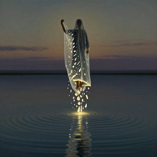 A figure shedding a heavy, crystalline burden into a pool of quiet acceptance.