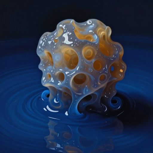 A porous, crystalline structure submerged in a viscous, vibrant liquid.