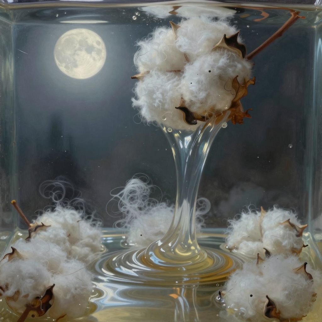 Saturated cotton fibers in a liminal space.