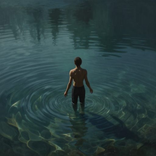 A solitary figure submerged in still, reflective water.