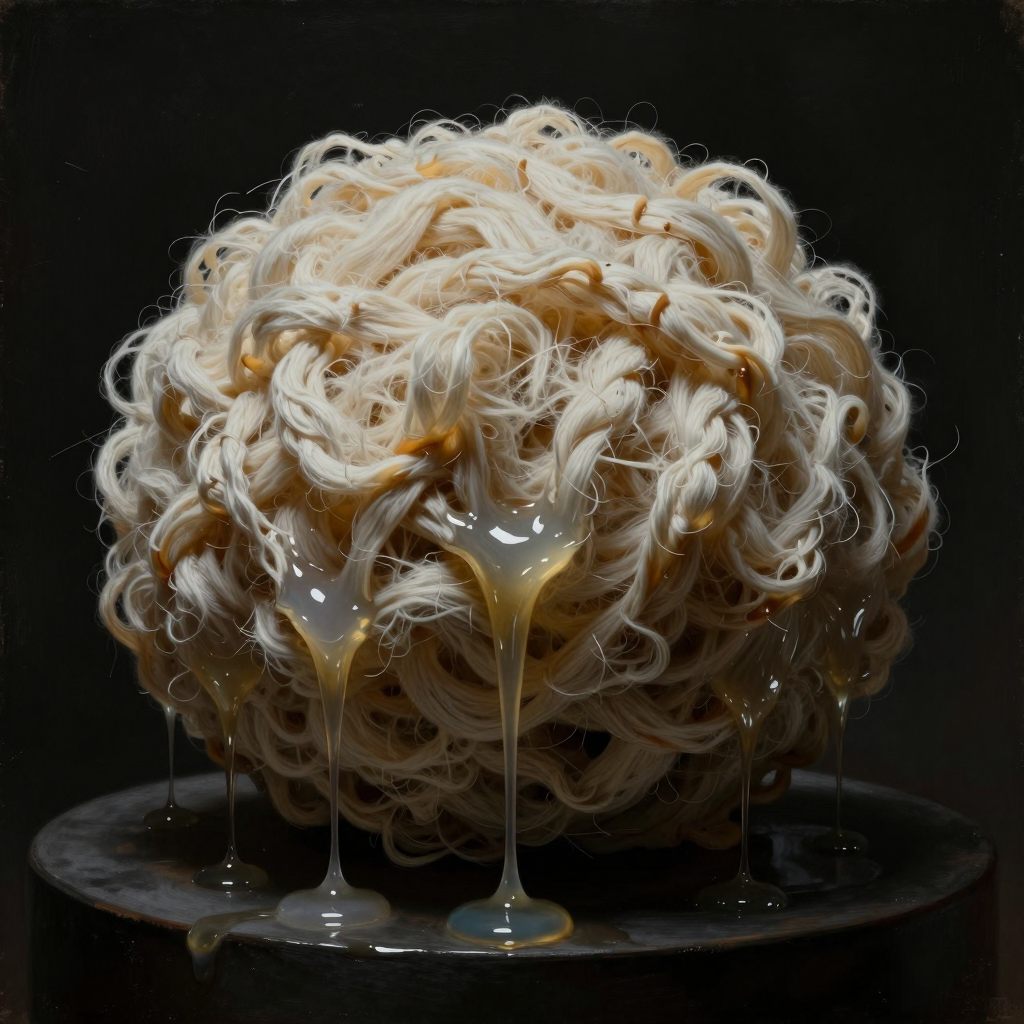 A highly textured, saturated fiber soaking up a viscous, dark liquid.