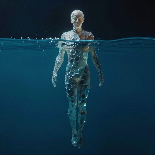 A translucent form dissolving into a deep, viscous liquid.