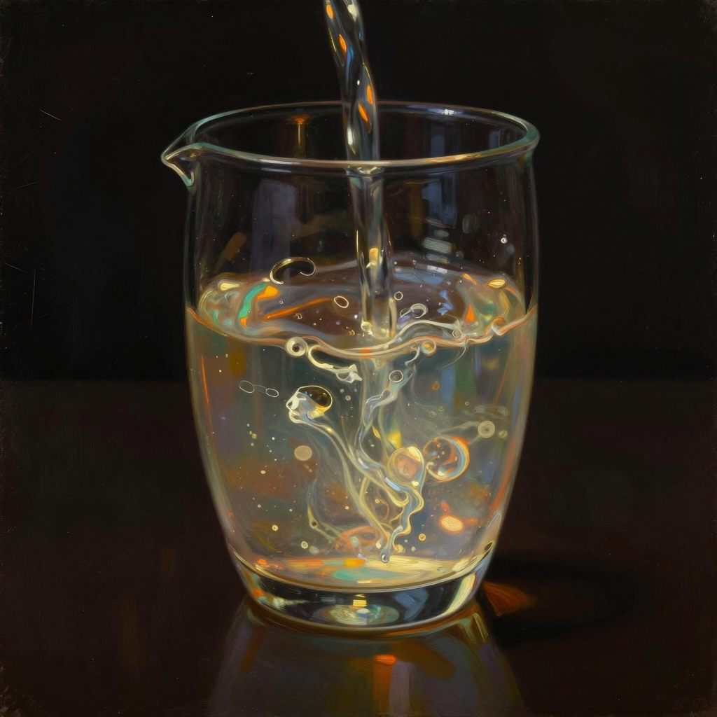A viscous, luminous liquid rises in a glass vessel, nearing its brim.