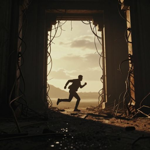 A solitary figure sprinting through a threshold into open, windswept freedom.