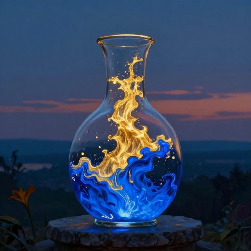 A glass vessel holding back a rising tide.