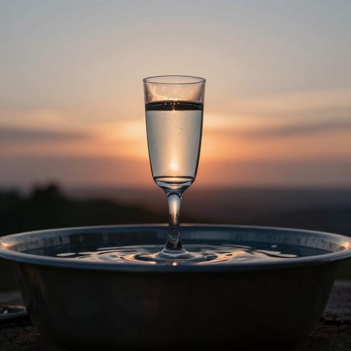 A crystal glass of still water balanced on the edge of an overflowing basin, symbolizing the delicate balance of restraint.