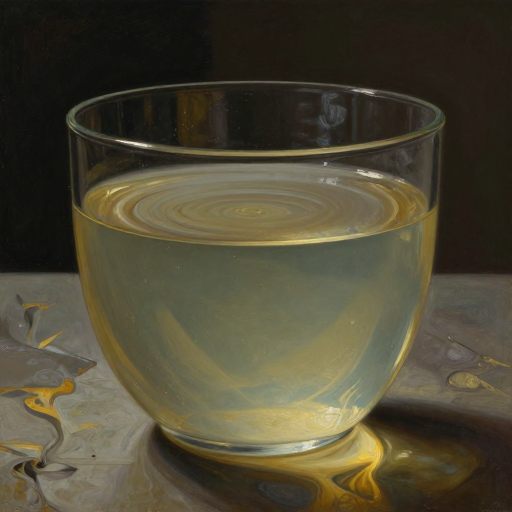 A glass vessel containing a perfectly balanced, still body of liquid.