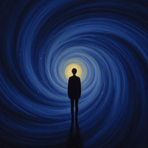 A lone figure stands at the edge of a swirling, chaotic expanse, maintaining perfect stillness as a boundary.