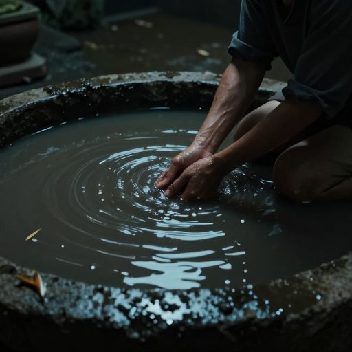 A figure cleansing murky water in a silent, ritualistic act.