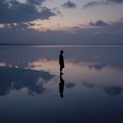 A figure stands at the edge of a vast, still body of water, hesitant to enter.