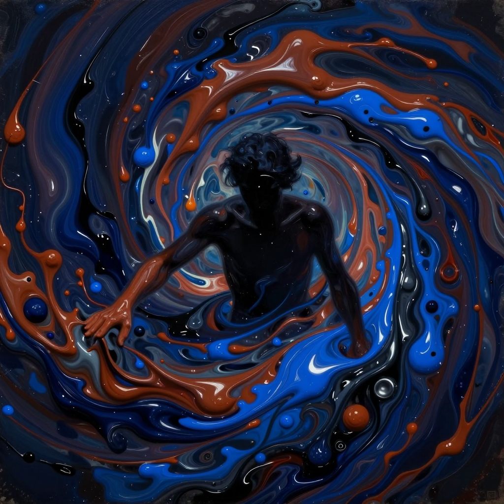 A solitary figure amidst swirling, viscous pigments, embodying the subconscious act of creation.