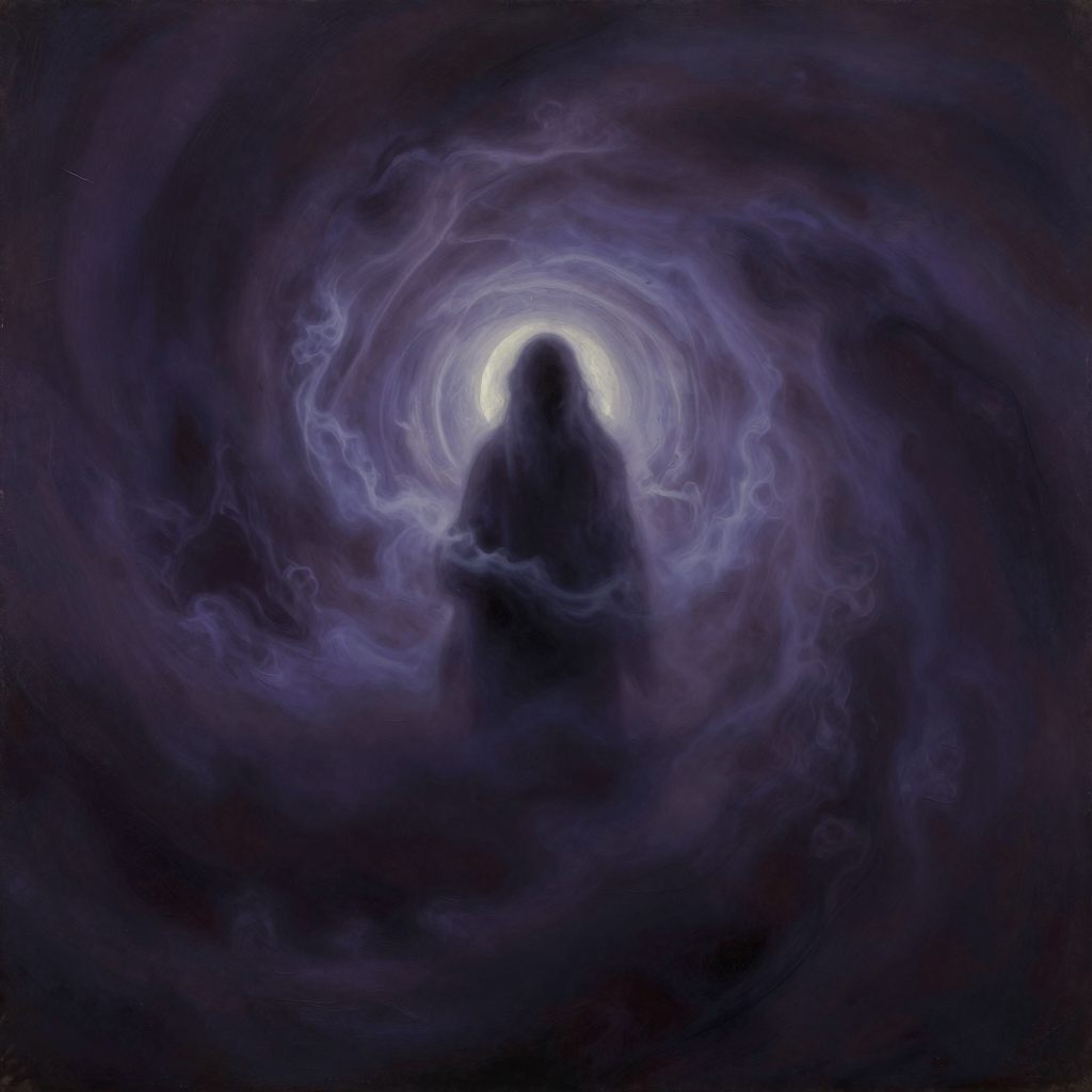 Ethereal figure emerging from psychological mist.