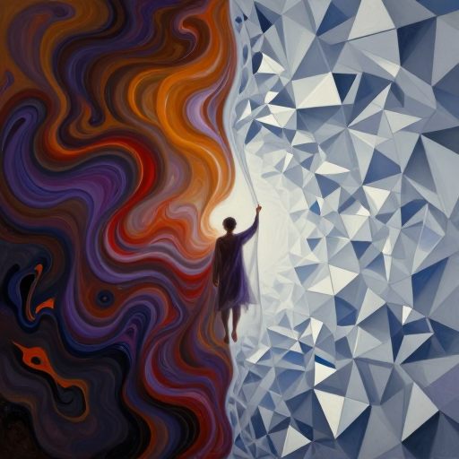 A figure mediating between chaotic emotion and crystalline thought.