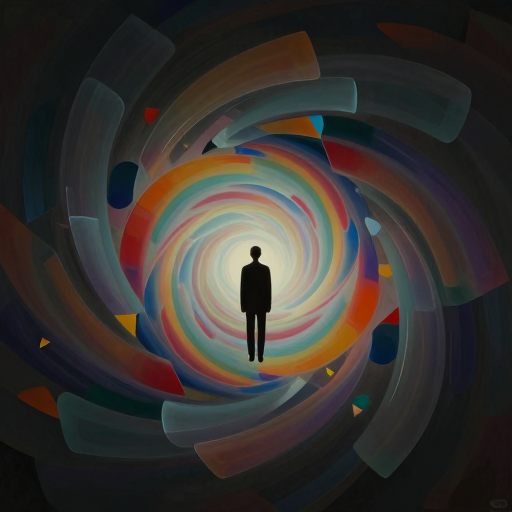 A solitary figure stands at the precipice of a swirling vortex of fragmented geometric shapes and liquid color, symbolizing the intellectualization of emotion.