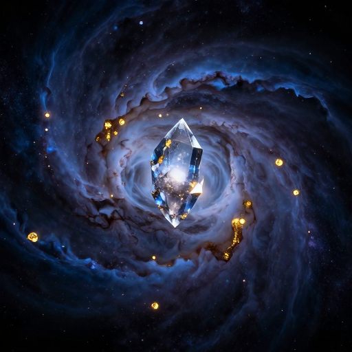 A luminous, crystalline formation emerging from a swirling nebula, symbolizing the ascent from detail to concept.