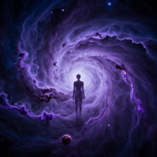 A figure dissolves into swirling nebulae, symbolizing the in-between phase of life.
