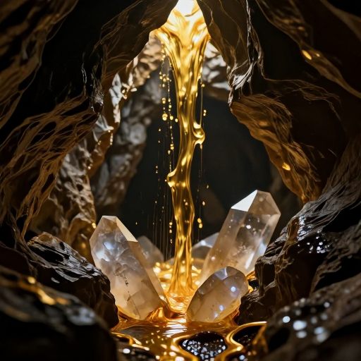 A viscous, golden flow meets a crystalline barrier in a subterranean cavern.