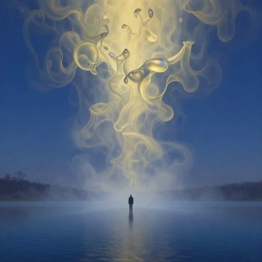 A figure reaches into swirling, translucent mist over still water, symbolizing the grasp of an undefined truth.