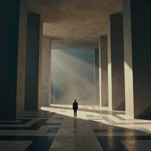 A solitary figure stands in a vast, impossible architectural space, symbolizing the confrontation with life's inherent meaninglessness.