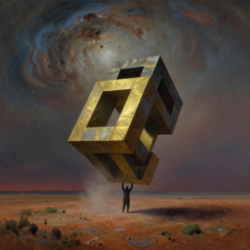 A lone figure attempting to balance a monumental, shifting structure on a boundless, indifferent plain.