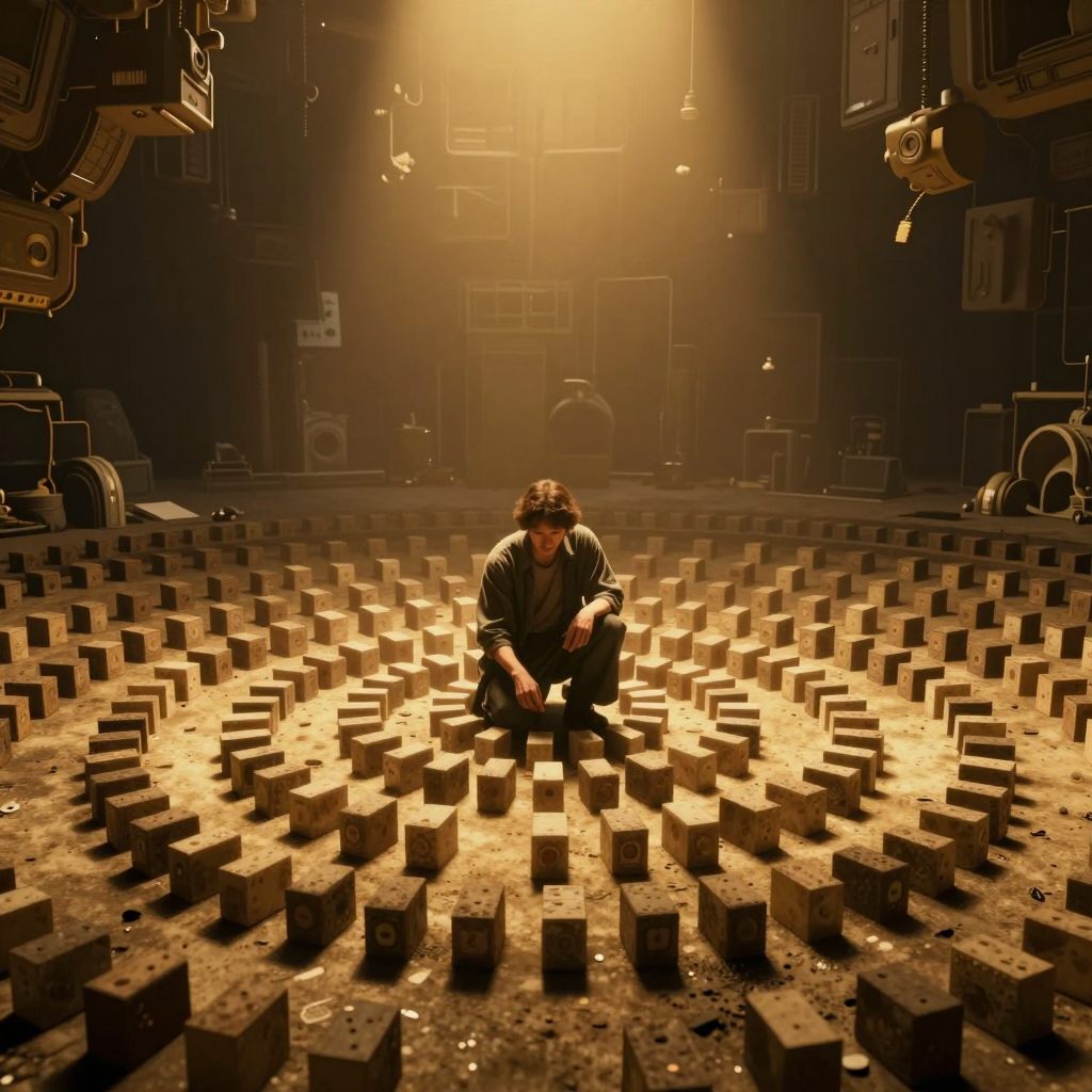 A solitary figure calmly balancing impossible mundane tasks in a vast, surreal landscape.