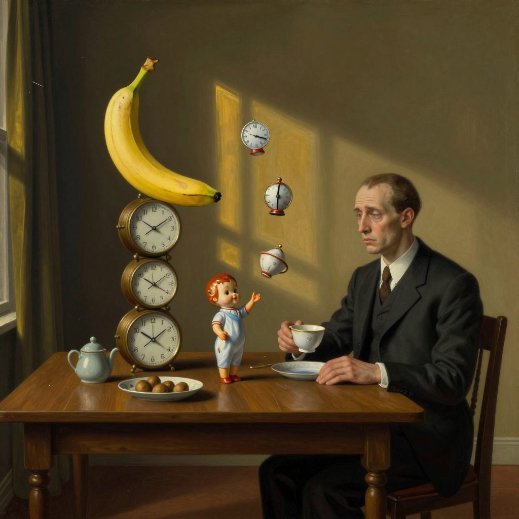 A solitary figure finds levity in a chaotic, impossible scenario.