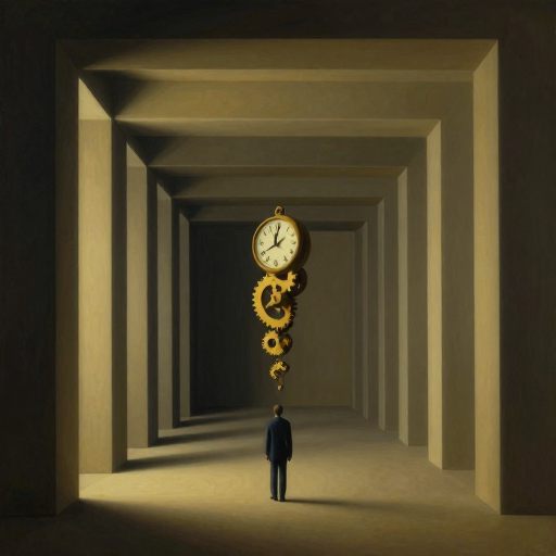 A solitary figure stands before a meticulously ordered, yet impossible, architectural structure in a vast, ambiguous space.
