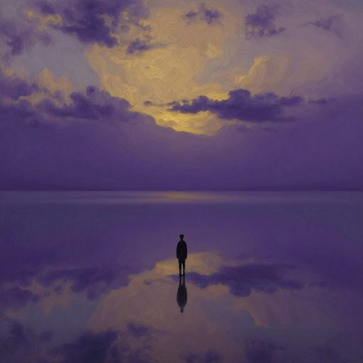 A solitary figure suspended at the edge of a vast, still body of water, symbolizing emotional inertia.